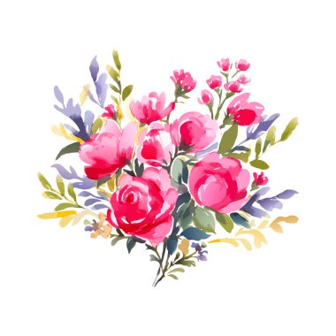 Suluboya pembe çiçek buketi, izole. Soyut ilkbahar yabani çiçekler, çimler, yaprak dalları