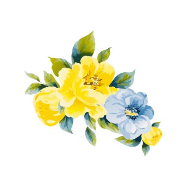 Tozlu mavi ve sarı çiçek buketi.