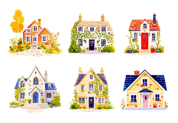 Suluboya İskandinav evleri. Sevimli çocuksu Avrupa binaları. Moda tarayıcı vektör elementleri