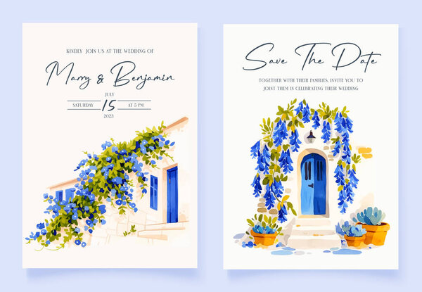 Элегантные свадебные приглашения с голубой дверью, украшенной красивыми цветами и веточками. Цветочный дизайн в электрическом синем шрифте на прямоугольной карте для потрясающего события