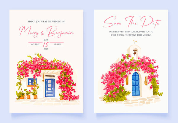 Комплект свадебного приглашения с акварелью весной розовый цветок bougainvillea фон