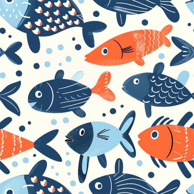 Komik balıklarla kusursuz çocuksu bir düzen. Kumaş, ambalaj, tekstil, duvar kağıdı için yaratıcı İskandinav çocuk dokusu,