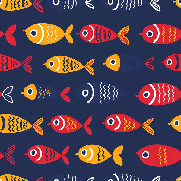 Бесшовный детский рисунок с забавными рыбками. Творческий скандал: детская текстура для волос, обертка, текстиль, обои,