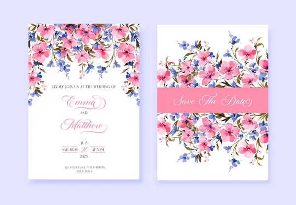 Πρόσκληση Γάμου Κάρτα Όμορφο Μπλε Και Ροζ Λουλούδια Διάνυσμα — Διανυσματικό Αρχείο