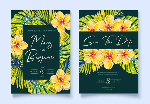Kartenset Mit Exotischen Blättern Tropische Hochzeitsdekoration Mit Blumen Florales Plakat — Stockvektor