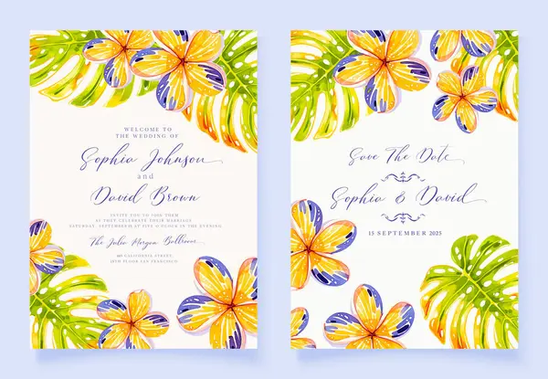 Kartenset Mit Exotischen Blättern Tropische Hochzeitsdekoration Mit Blumen Florales Plakat — Stockvektor