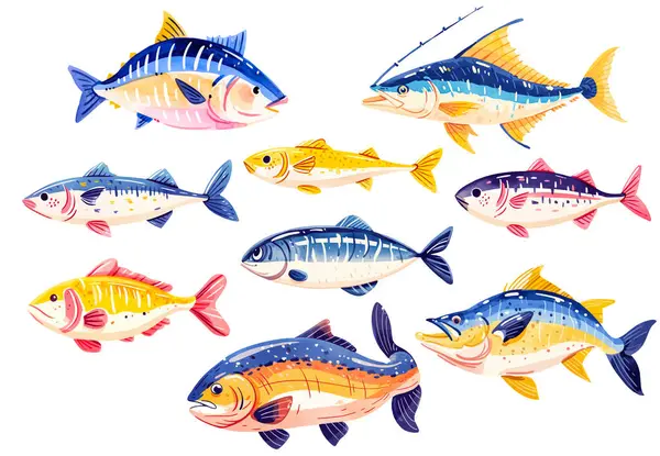 Θαλασσινά Ψάρια Εικονογράφηση Διανυσματικών Διαφορετικών Τύπων Ψαριών Αλμυρού Νερού Όπως — Διανυσματικό Αρχείο