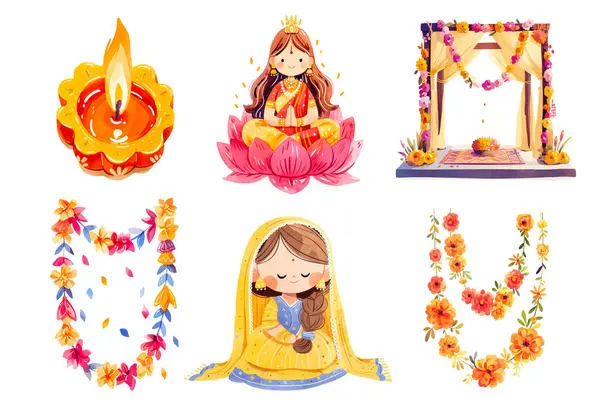 stock vector Diwali clipart Set. Watercolor illustration of Diwali symbols and characters for design.