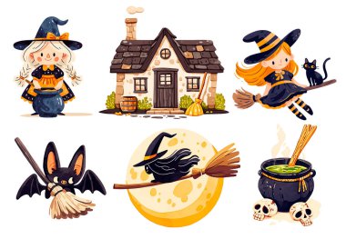 Büyük bir Cadılar Bayramı seti. Düz modern tarzda vektör çizimleri. Cadı şapkası, kafatası, balkabağı, mum, yılan, hayalet, kemik, şeker, yarasa, örümcek dolu kara kedi etiketleri..