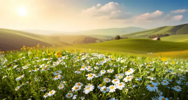 多山的乡村 美丽的春天和夏天的自然景观 草丛中盛开的雏菊 — 图库照片