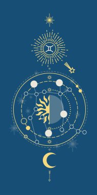 Zodiac astroloji burçları doğrusal tasarım vektör çizimlerini işaret eder. Retro stil burç işareti. İkizler.