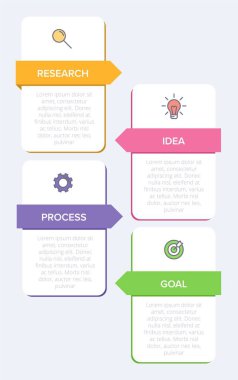 Simgeli ve 4 seçenekli dikey bilgi tasarımı. İnce çizgi. Bilgi işlem iş konsepti. Bilgi grafikleri, akış grafikleri, sunumlar, mobil web siteleri, yazdırılmış materyaller için kullanılabilir