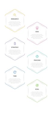 Simgeli ve 6 basamaklı dikey bilgi tasarımı. İnce çizgi. Bilgi işlem iş konsepti. Bilgi grafikleri, akış grafikleri, sunumlar, mobil web siteleri, yazdırılmış materyaller için kullanılabilir