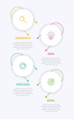 Simgeli ve 4 seçenekli dikey bilgi tasarımı. İnce çizgi. Bilgi işlem iş konsepti. Bilgi grafikleri, akış grafikleri, sunumlar, mobil web siteleri, yazdırılmış materyaller için kullanılabilir