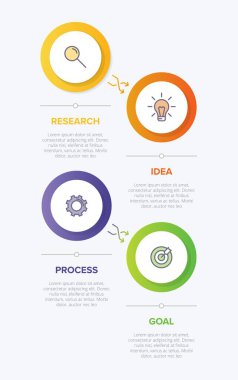 Simgeli ve 4 seçenekli dikey bilgi tasarımı. İnce çizgi. Bilgi işlem iş konsepti. Bilgi grafikleri, akış grafikleri, sunumlar, mobil web siteleri, yazdırılmış materyaller için kullanılabilir