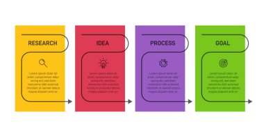 Simgeli ve 4 seçenekli dikey bilgi tasarımı. İnce çizgi. Bilgi işlem iş konsepti. Bilgi grafikleri, akış grafikleri, sunumlar, mobil web siteleri, yazdırılmış materyaller için kullanılabilir