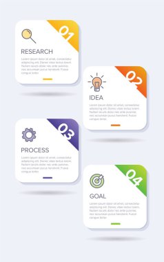 Simgeli ve 4 seçenekli dikey bilgi tasarımı. İnce çizgi. Bilgi işlem iş konsepti. Bilgi grafikleri, akış grafikleri, sunumlar, mobil web siteleri, yazdırılmış materyaller için kullanılabilir