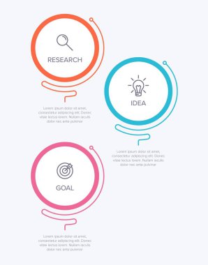 Simgeli ve 3 basamaklı dikey bilgi tasarımı. İnce çizgi. Bilgi işlem iş konsepti. Bilgi grafikleri, akış grafikleri, sunumlar, mobil web siteleri, yazdırılmış materyaller için kullanılabilir