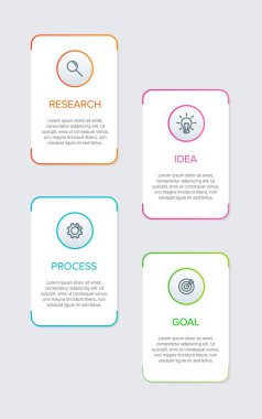 Simgeli ve 4 seçenekli dikey bilgi tasarımı. İnce çizgi. Bilgi işlem iş konsepti. Bilgi grafikleri, akış grafikleri, sunumlar, mobil web siteleri, yazdırılmış materyaller için kullanılabilir