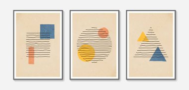 Collection of vector abstract wall art. Boho color geometry shape. Artistic design for poster, print, cover, wallpaper, minimalistic and natural wall art. Vector illustration with grunge texture