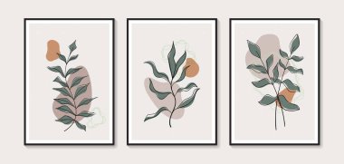 Botanik duvar sanat vektörü ayarlandı. Soyut şekilli yaprak çizimi. Baskı, kapak, duvar kağıdı, asgari ve doğal duvar sanatı için soyut bitki sanatı tasarımı. Vektör illüstrasyonu