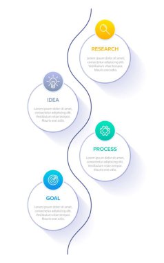 Simgeli ve 4 seçenekli dikey bilgi tasarımı. İnce çizgi. Bilgi işlem iş konsepti. Bilgi grafikleri, akış grafikleri, sunumlar, mobil web siteleri, yazdırılmış materyaller için kullanılabilir