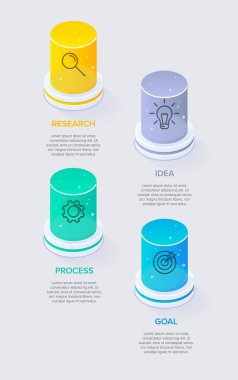 Simgeli ve 4 seçenekli dikey bilgi tasarımı. İnce çizgi. Bilgi işlem iş konsepti. Bilgi grafikleri, akış grafikleri, sunumlar, mobil web siteleri, yazdırılmış materyaller için kullanılabilir