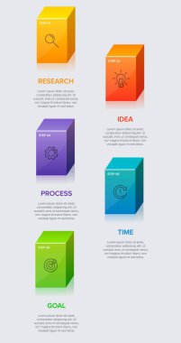 Simgeli ve 5 basamaklı dikey bilgi tasarımı. İnce çizgi. Bilgi işlem iş konsepti. Bilgi grafikleri, akış grafikleri, sunumlar, mobil web siteleri, yazdırılmış materyaller için kullanılabilir