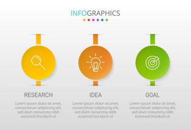 Simgeli ve 3 basamaklı dikey bilgi tasarımı. İnce çizgi. Bilgi işlem iş konsepti. Bilgi grafikleri, akış grafikleri, sunumlar, mobil web siteleri, yazdırılmış materyaller için kullanılabilir