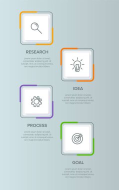 Simgeli ve 4 seçenekli dikey bilgi tasarımı. İnce çizgi. Bilgi işlem iş konsepti. Bilgi grafikleri, akış grafikleri, sunumlar, mobil web siteleri, yazdırılmış materyaller için kullanılabilir