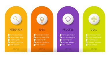 Simgeli ve 4 seçenekli dikey bilgi tasarımı. İnce çizgi. Bilgi işlem iş konsepti. Bilgi grafikleri, akış grafikleri, sunumlar, mobil web siteleri, yazdırılmış materyaller için kullanılabilir