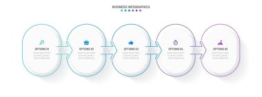 Timeline infographic with infochart. Modern presentation template with 5 spets for business process. Website template on white background for concept modern design. Horizontal layout