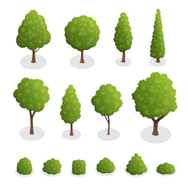 Isometric set of park plants. 3d green trees and bushes of various shapes isolated on white background vector illustration. Isometric illustration.