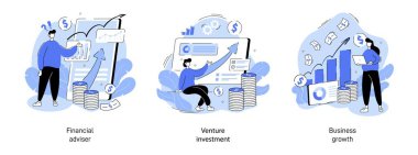 Characters analyzing investments illustration set. Finance growth celebrating financial success and investment. Money increasing concept. Modern flat illustration for concept design