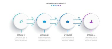 Timeline infographic with infochart. Modern presentation template with 4 spets for business process. Website template on white background for concept modern design. Horizontal layout