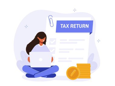 Vergi iade illüstrasyon konsepti. Dizüstü bilgisayarı olan kız vergi iadesi yapıyor. Finansal belgenin arka planında yığınla para var. Vergi formu yaratıcı düz vektör