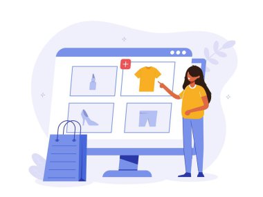 Shopping illustration concept. Girl makes purchase in web version of online store. Catalog of goods on computer screen. Shopping package. Shopping creative flat vector