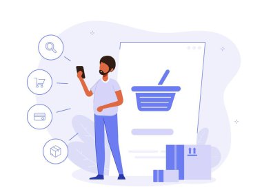 Shopping illustration concept. Man adds items to the cart. Mobile or web version online store. Shopping creative flat vector