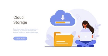 Cloud technology illustration concept. People exchanging files via Internet. Cloud service, online data storage and transfer, information backup. Modern flat vector illustration