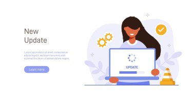 Sistem ya da web uygulama güncelleme prosedürü. Yazılım sürüm güncellemesi veya yenileme süreci göstergesi kavramı. Adam ve telefon. Pankart için düz renkli vektör illüstrasyonu, poster