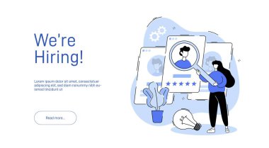 İnsan kaynakları müdürü potansiyel adaylardan bir çalışan seçer. Yetenek arayışı. Çalışan CV 'leri. İşe alım sayfası tasarımı modern mavi stilde