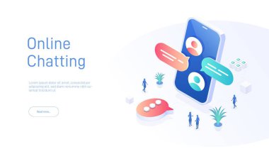 Online Chattin iniş sayfası şablonu. Telefon ekranında diyalog. Web pankartları, bilgi grafikleri için kullanılabilir. Isometric modern vektör illüstrasyonu