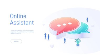 Online iniş sayfası şablonu. Büyük sohbet ikonu ve küçük insanların silueti. Web pankartları, bilgi grafikleri için kullanılabilir. Isometric modern vektör illüstrasyonu