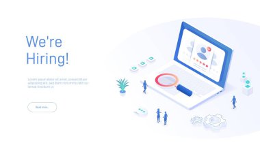 İniş sayfası şablonu kiralıyoruz. Dizüstü bilgisayarda onaylanmış özgeçmiş. Web pankartları, bilgi grafikleri için kullanılabilir. Isometric modern vektör illüstrasyonu