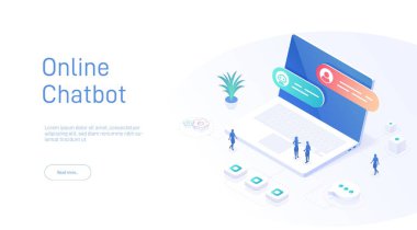 Online Chatbot iniş sayfası şablonu. Laptop ekranında diyalog. Web pankartları, bilgi grafikleri için kullanılabilir. Isometric modern vektör illüstrasyonu