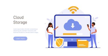 Cloud technology illustration concept. People exchanging files via Internet. Cloud service, online data storage and transfer, information backup. Modern flat vector illustration