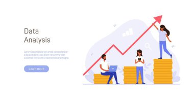 Analyst looks graph of earnings growth. Marketing data analysis. Business profit report. Successful investment of capital or money. Modern flat colorful vector illustration for banner, poster