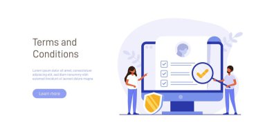 Contract illustration . Character gets acquainted with the legal document, electronic contract or agreement online. Person reads and signs the terms of the contract. Flat vector illustration