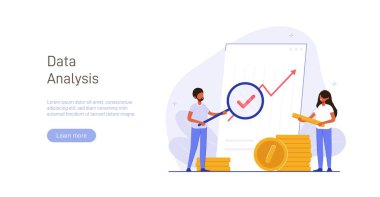 Analyst looks graph of earnings growth. Marketing data analysis. Business profit report. Successful investment of capital or money. Modern flat colorful vector illustration for banner, poster