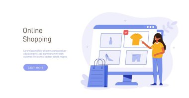 Alışveriş illüstrasyon konsepti. Kadın internet mağazasındaki mobil uygulama ya da web sitesi aracılığıyla satın alıyor. Yaratıcı düz vektör alışverişi